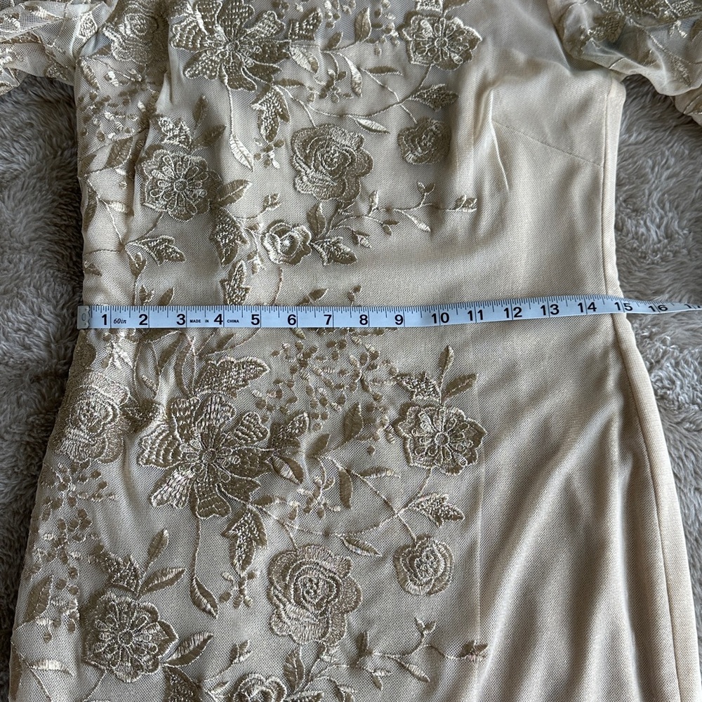 David Meister Champagne Beaded Floral Long-Sleeve Dress Size 6 - Picture 12 of 13